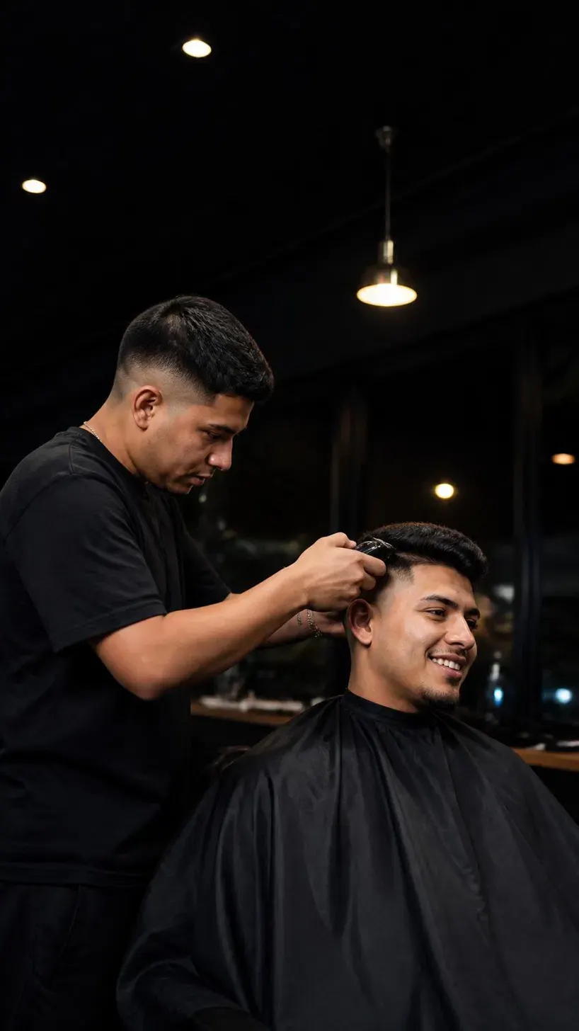 Barbero cortándole el cabello a un cliente sonriente