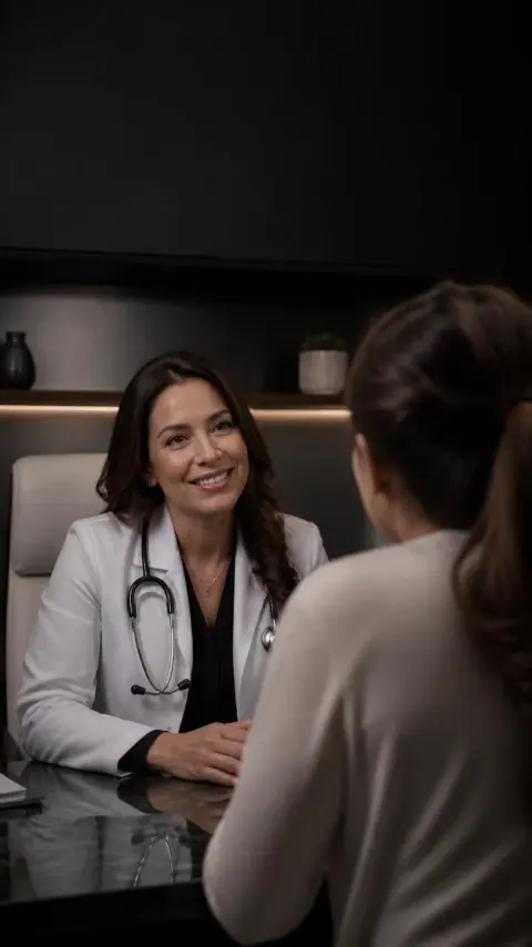 Doctora platicando con una paciente en su consultorio