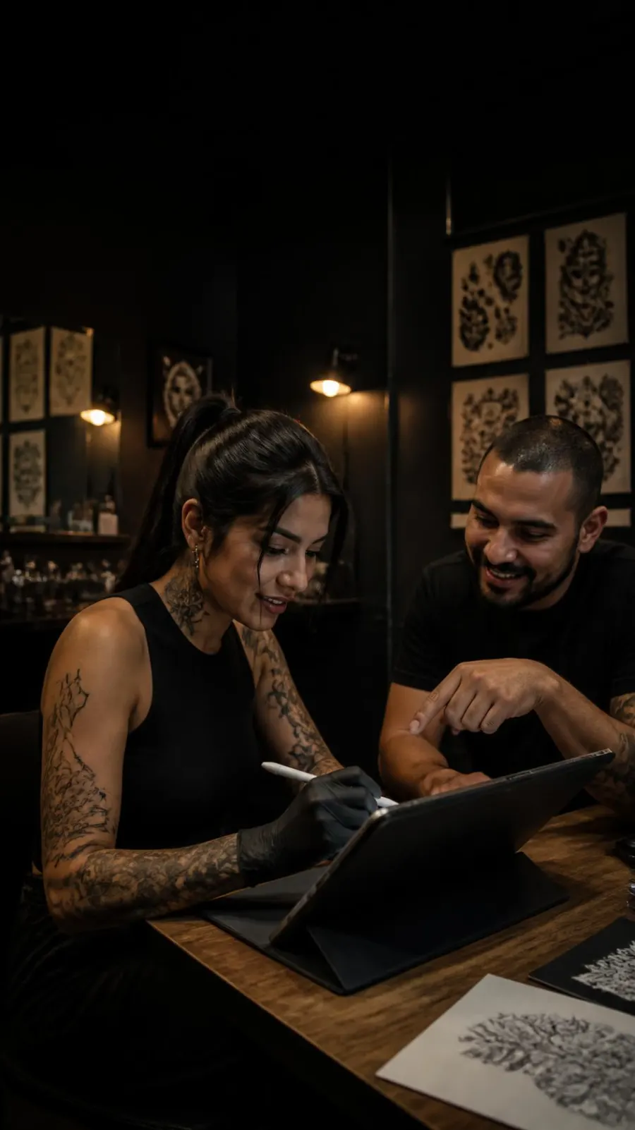 Tatuadora mostrando un diseño en tableta a su cliente