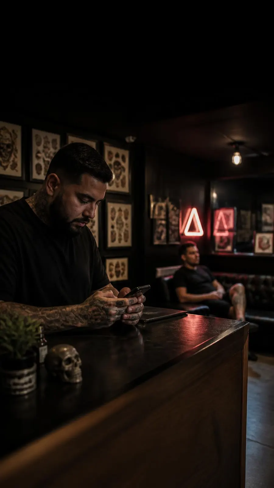 Tatuador en el mostrador revisando el celular mientras un cliente espera