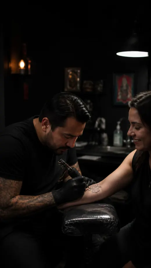 Tatuador trabajando en el antebrazo de una clienta sonriente
